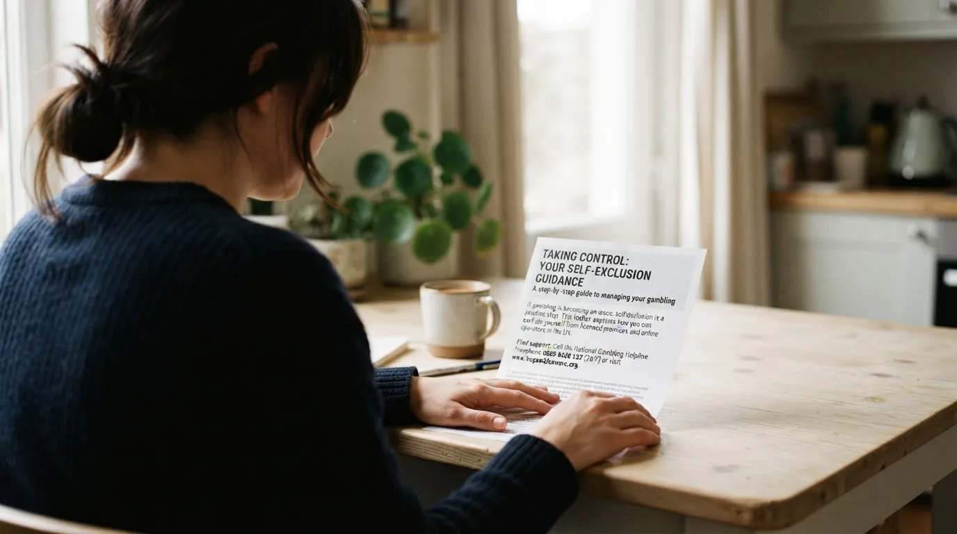A person reading a self-exclusion leaflet at a kitchen table