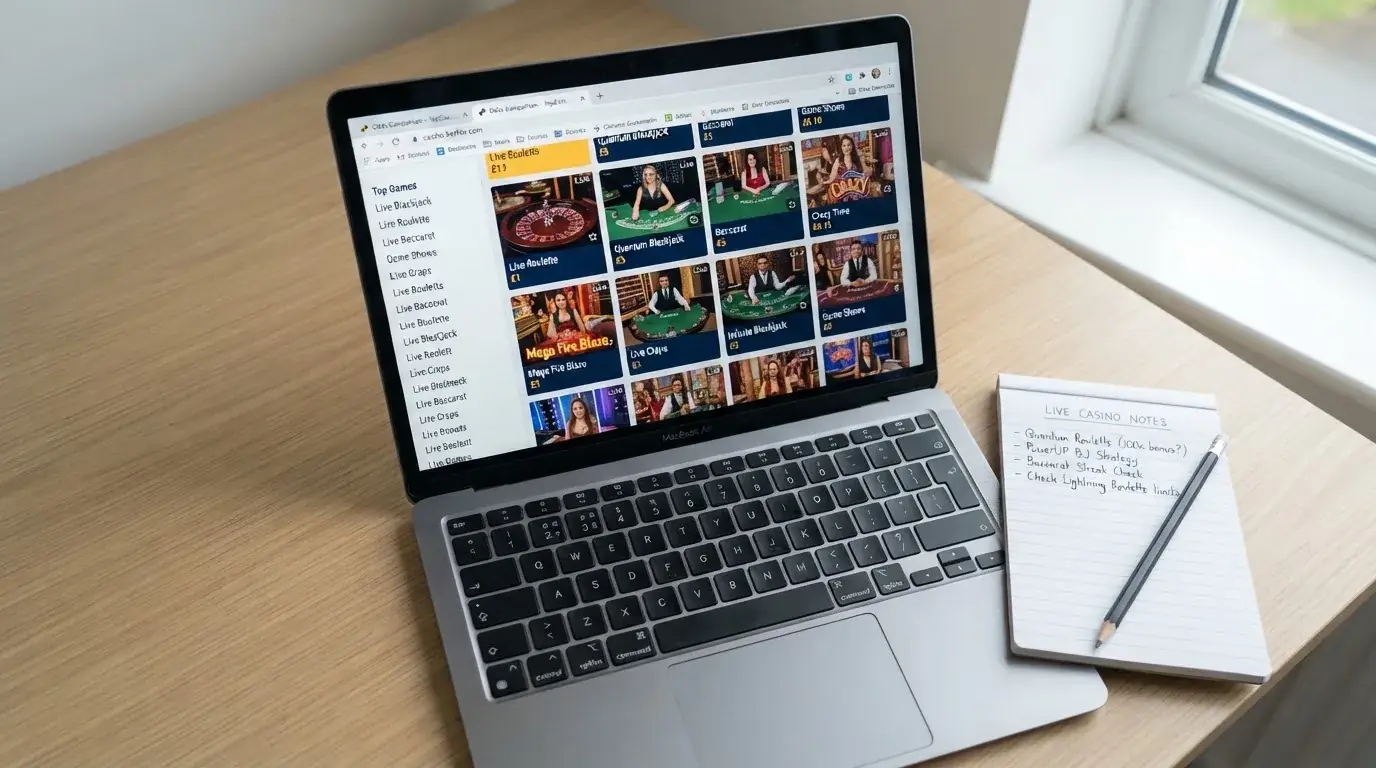 A laptop on a home desk showing a UK online casino comparison page open beside a notepad, with a laptop showing a live casino lobby with several table thumbnails visible in a browser tab list