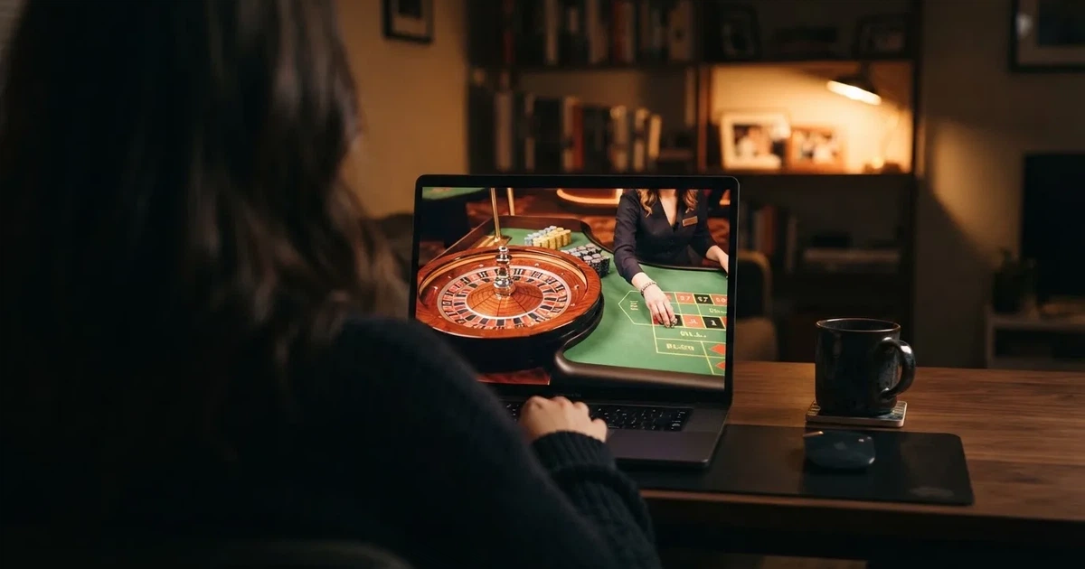 A live dealer roulette wheel streamed to a laptop screen