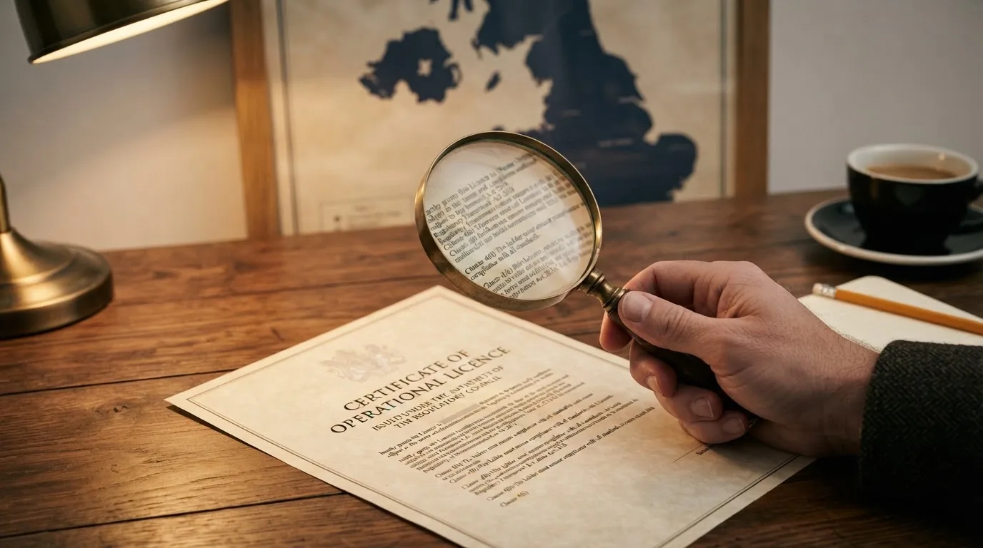 A magnifying glass held over a printed gambling licence certificate on a desk, with a UK map faintly visible in the background