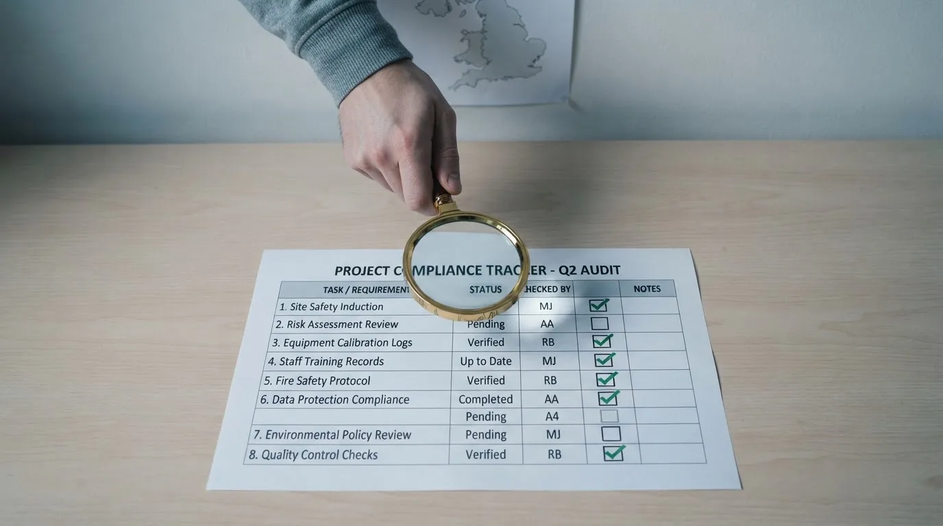 A magnifying glass held over a printed gambling licence certificate on a desk, with a UK map faintly visible in the background