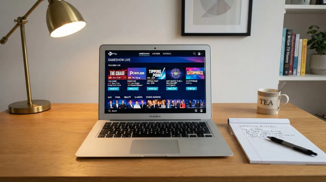 A laptop on a home desk showing a UK online casino comparison page open beside a notepad, with a laptop showing a live casino game show lobby page visible in a browser tab list