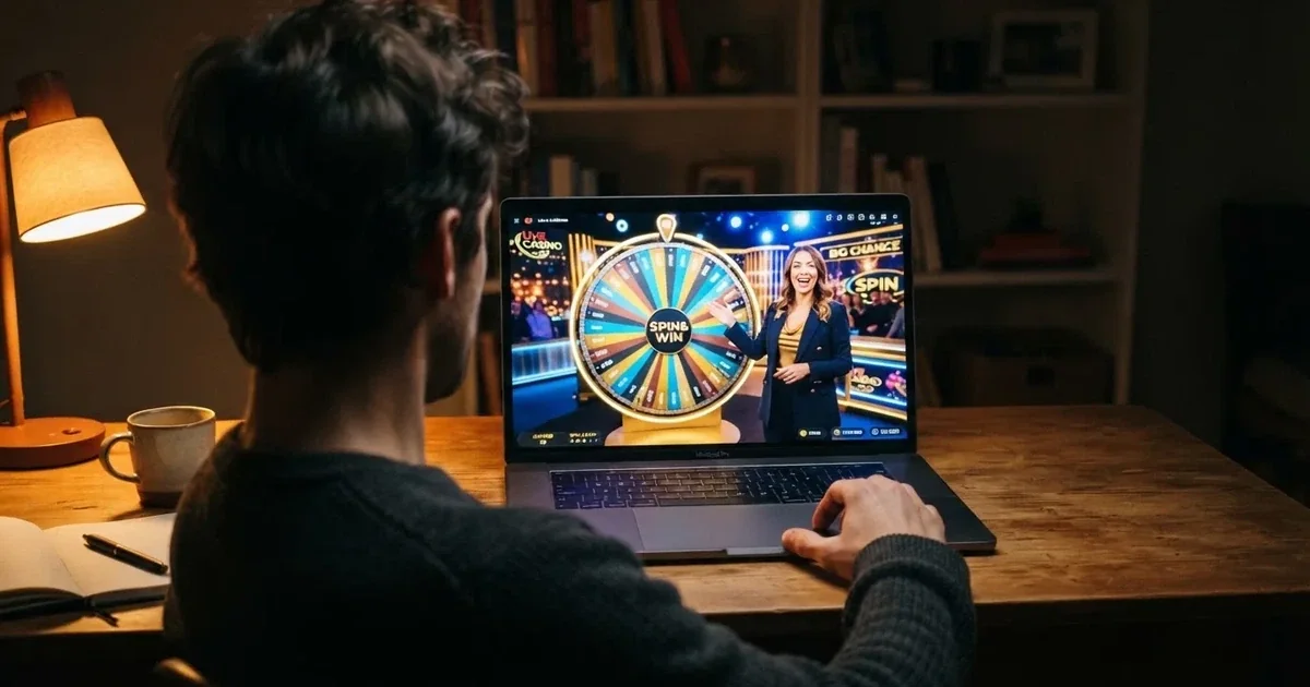 A wheel-based live casino game show studio streamed to a laptop