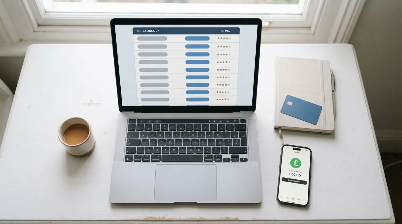 A laptop on a home desk showing a UK online casino comparison page open beside a notepad, with a desk with a debit card, a phone and a laptop showing a deposit form visible in a browser tab list