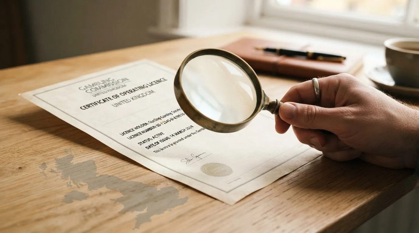 A magnifying glass held over a printed gambling licence certificate on a desk, with a UK map faintly visible in the background