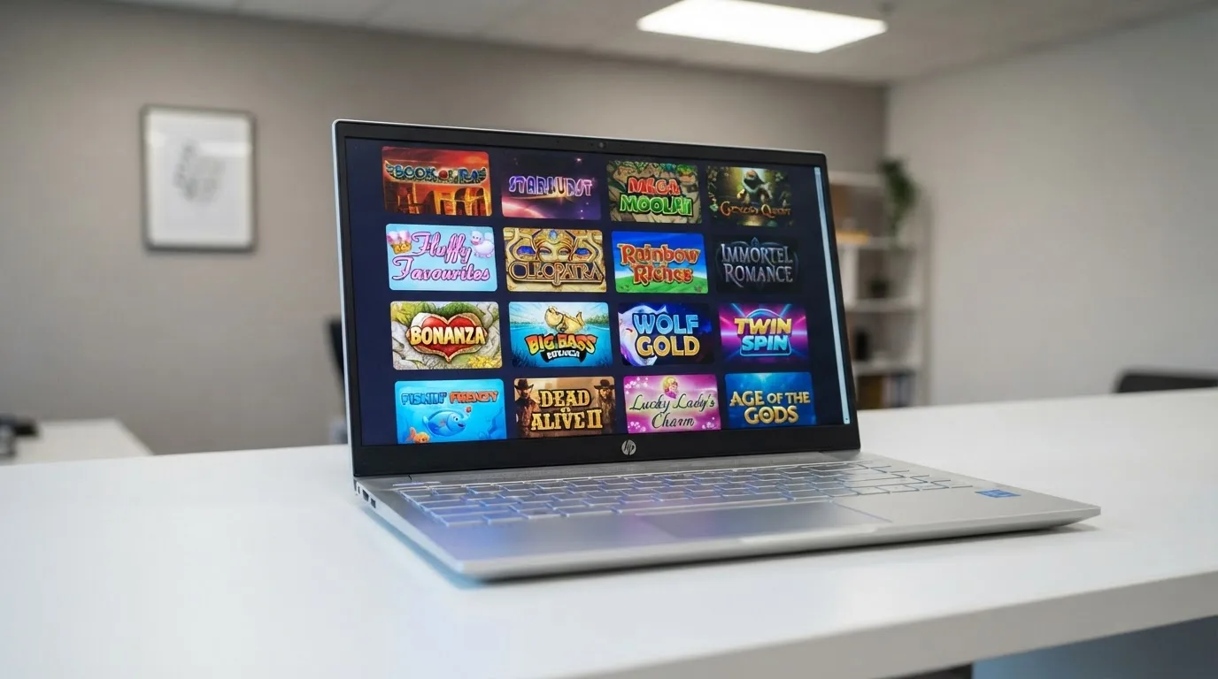 A laptop on a desk displaying a grid of slot game thumbnails in a casino lobby.