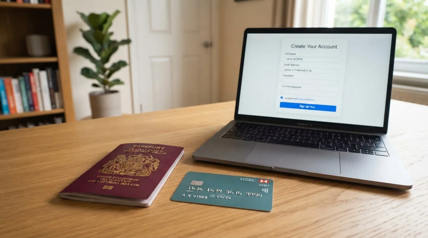 A UK passport and a bank card resting beside a laptop showing an account sign-up screen.