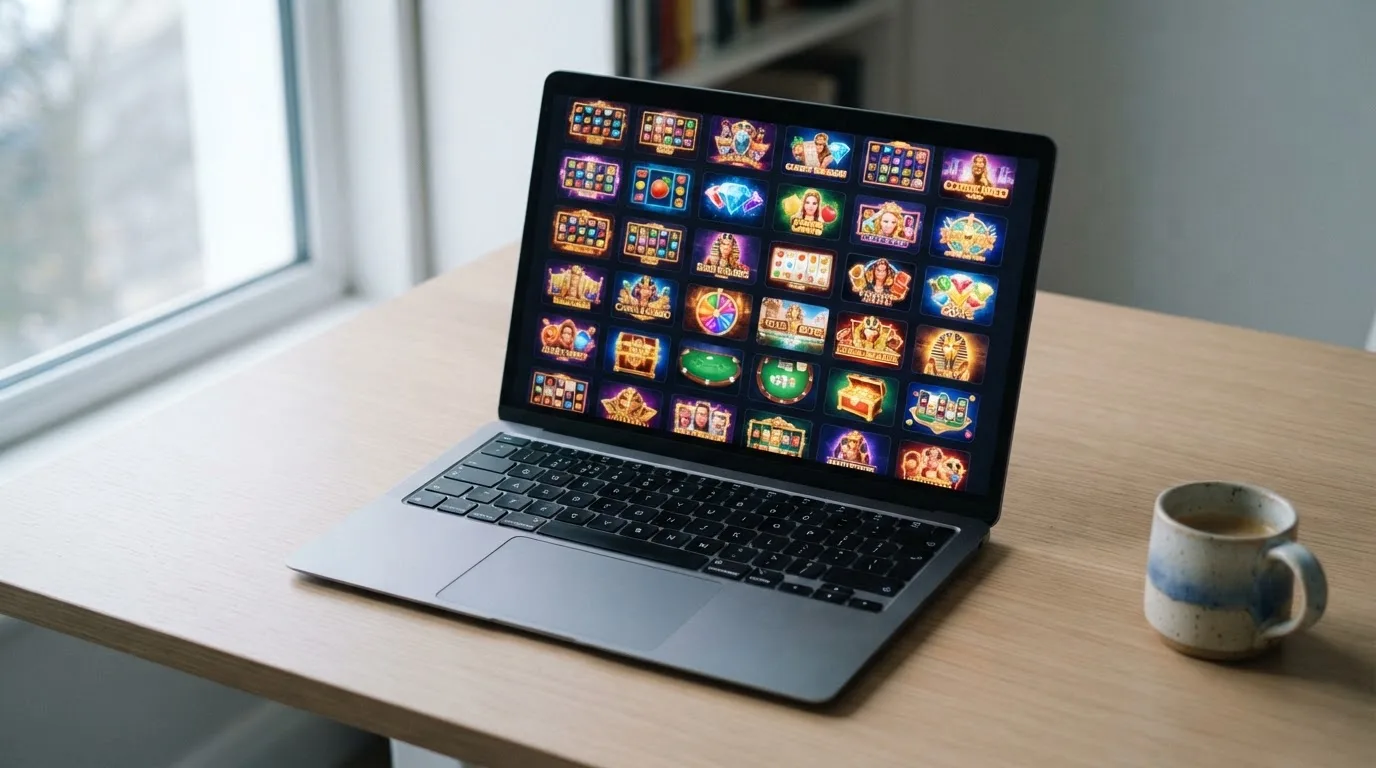 A laptop on a desk displaying a grid of slot game thumbnails in a casino lobby.