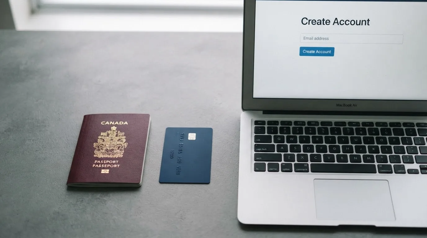 A UK passport and a bank card resting beside a laptop showing an account sign-up screen.