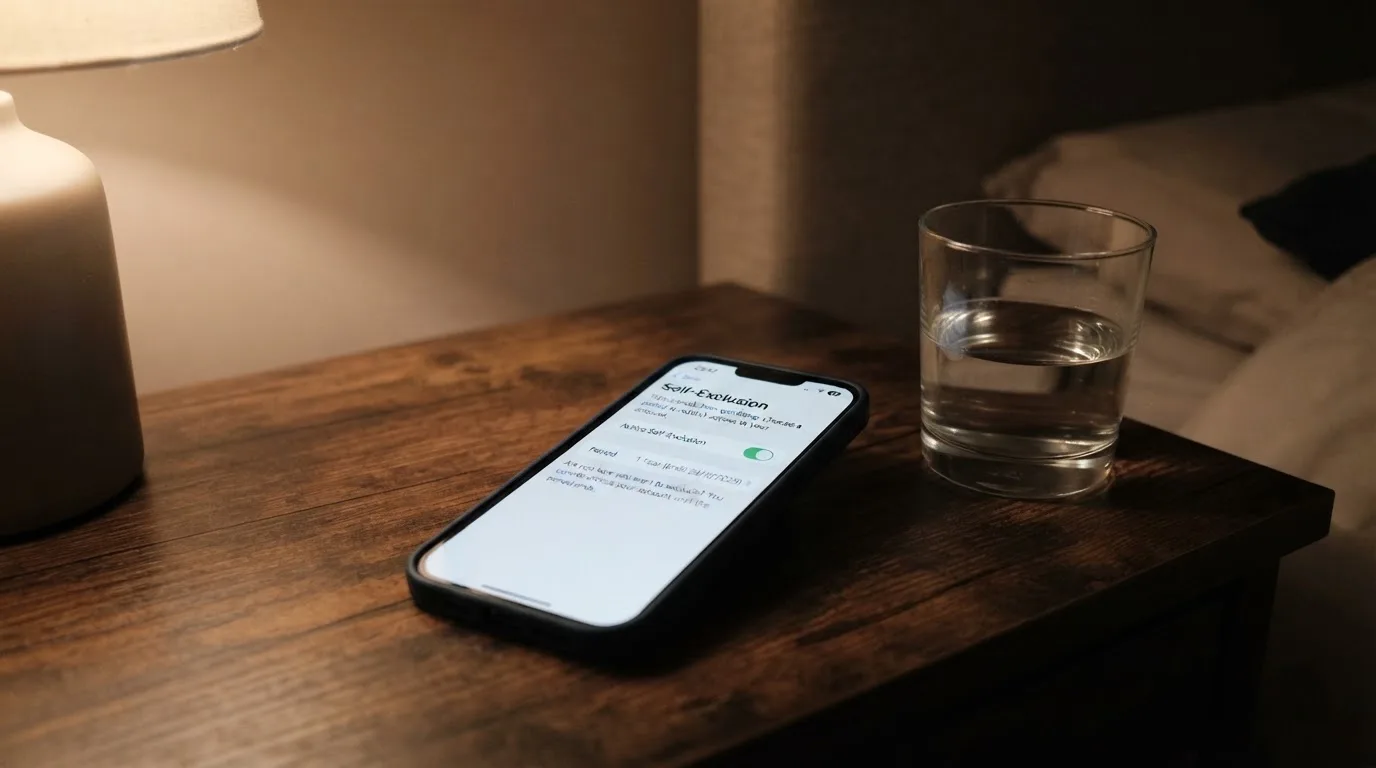 A phone displaying a self-exclusion settings screen next to a glass of water on a bedside table.