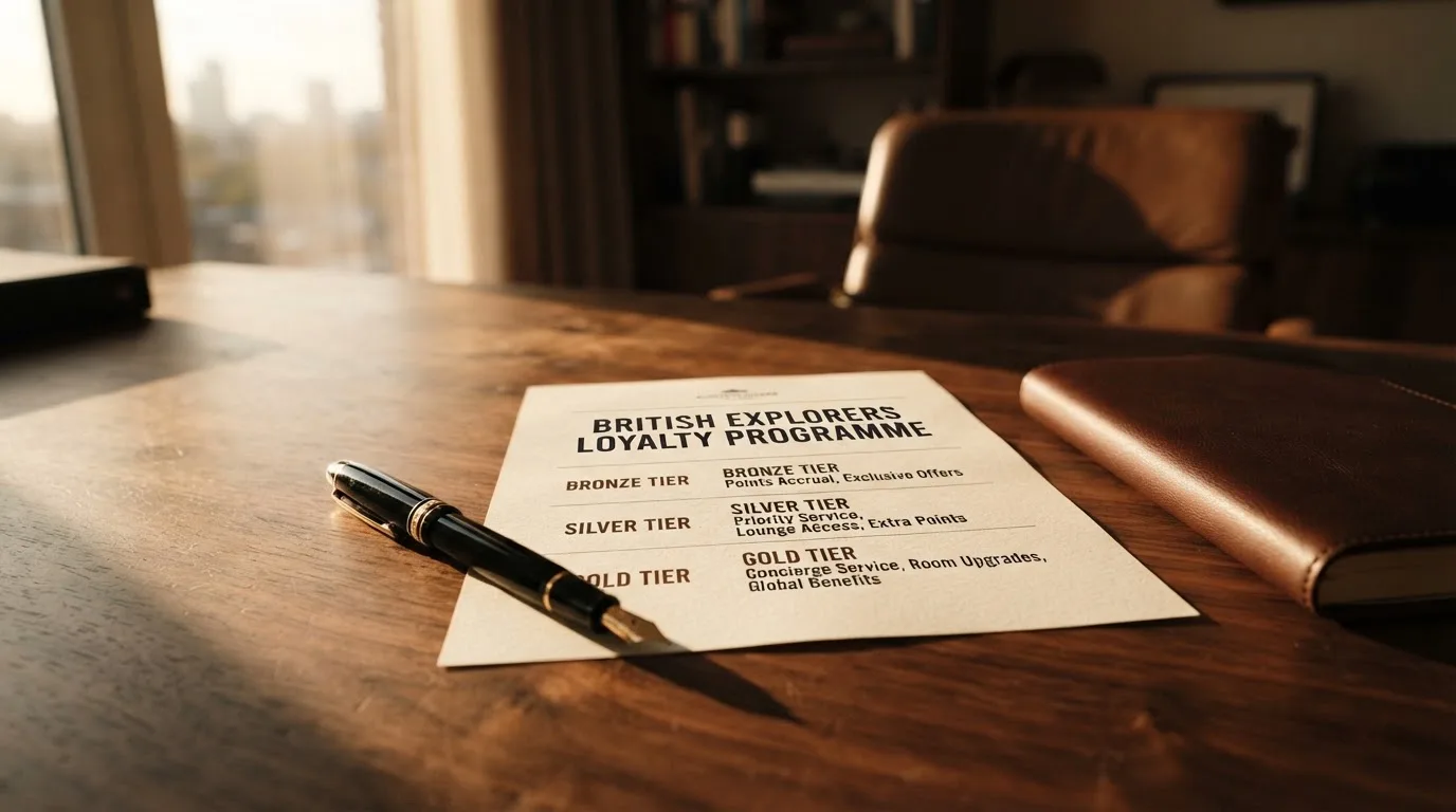 A desk with a printed loyalty-tier chart, a fountain pen, and a closed leather notebook.