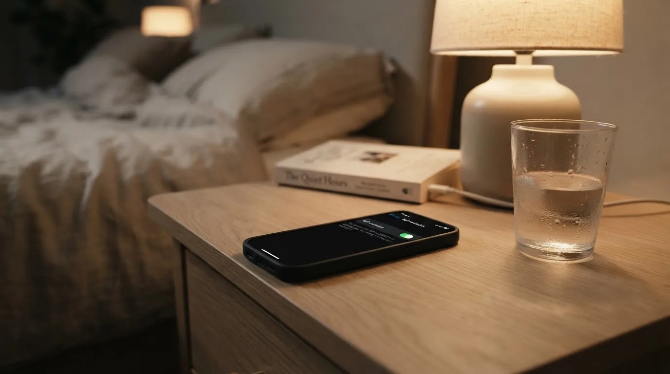 A phone displaying a self-exclusion settings screen next to a glass of water on a bedside table.