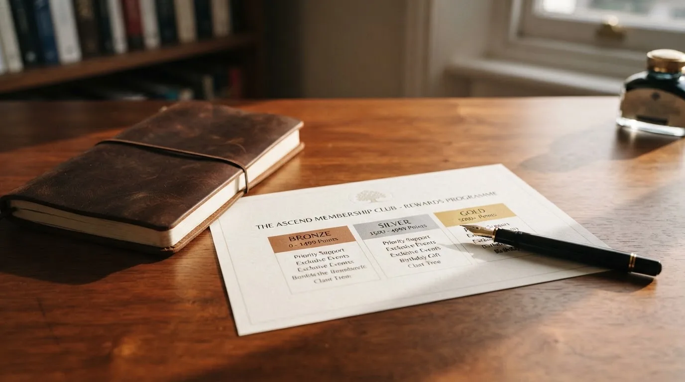 A desk with a printed loyalty-tier chart, a fountain pen, and a closed leather notebook.